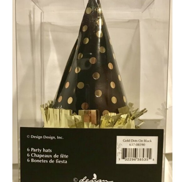 Gold Dots On Black Party Hats set of 6 new in box - Picture 2 of 2